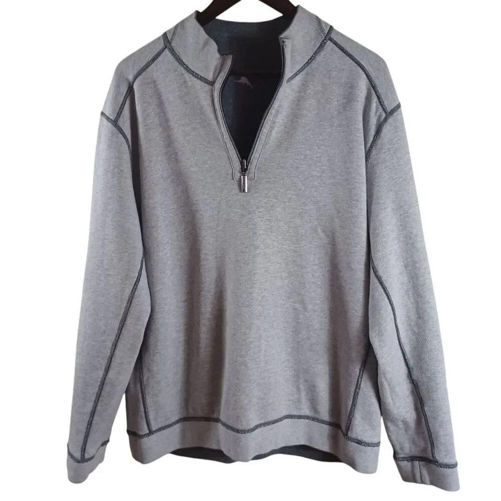 Tommy Bahama Sz L Reversible 1/4 Zip Pullover Sweatshirt Gray Resortwear Sweater